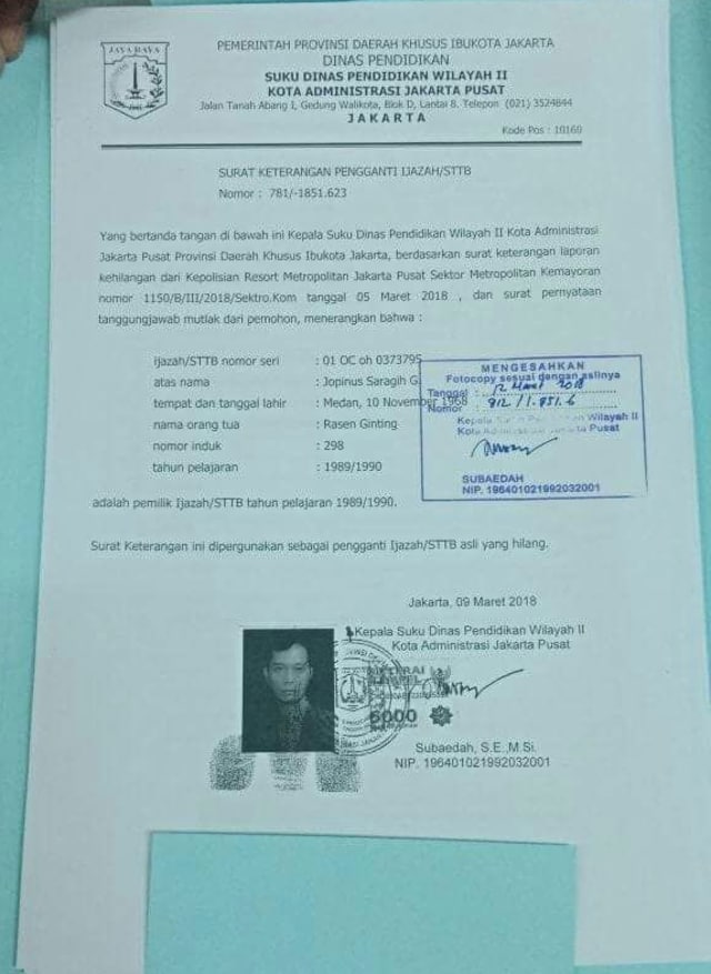 Legalisir surat pengganti ijazah JR Saragih. (Foto: Dok. Istimewa)