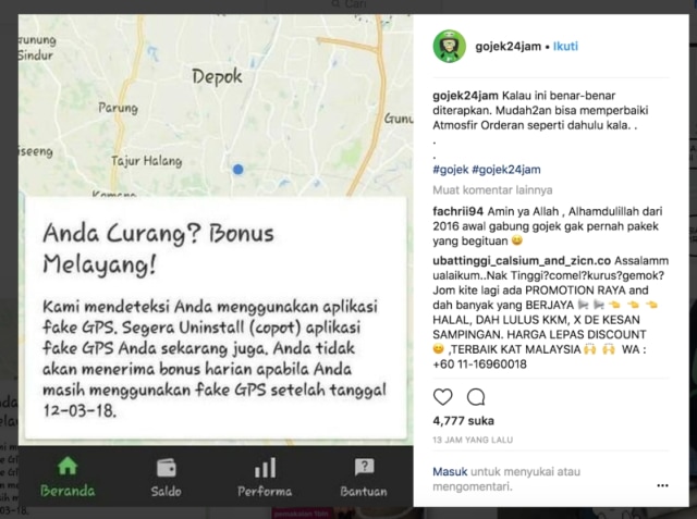 Peringatan untuk driver pengguna fake GPS. (Foto: Go-Jek/Medium)