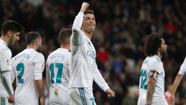 Ronaldo mencetak tiga gol ke gawang Girona. (Foto: Sergio Perez/Reuters)