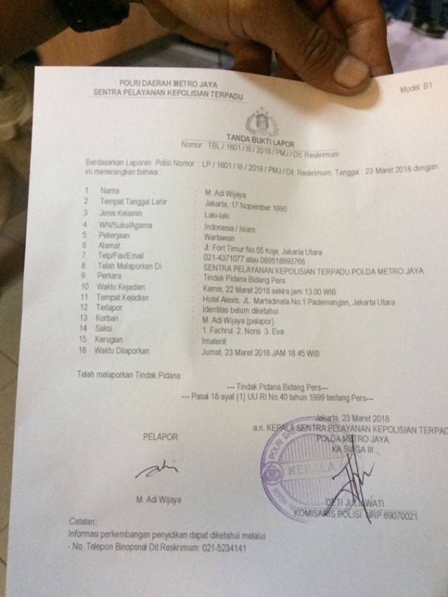 Bukti laporan Adi Wijaya di SPKT