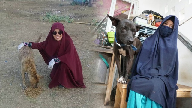 Perempuan berjilbab yang pelihara anjing. (Foto: Facebook/Desy Marlina & Helmi Afandi/kumparan)