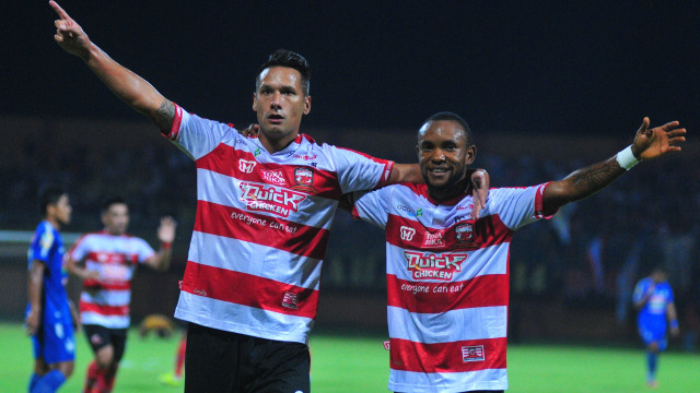 Selebrasi gol Madura United. (Foto: ANTARA FOTO/Saiful Bahri)