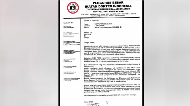Surat pemecatan DR. Dr. Terawan Agus Putranto (Foto: Instagram @@vanitambayong)