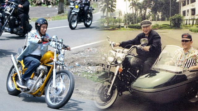 Jokowi dan Soeharto mengendarai motor. (Foto: Dok. Biro Pers Setpres dan Instagram @soeharto_instagram_fanpage)