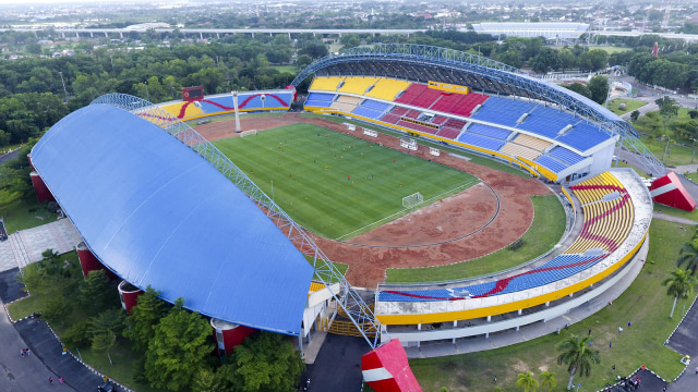 Foto udara Stadion Gelora Sriwijaya Jakabaring Palembang, Sumatera Selatan.  Foto: Antara/Nova Wahyudi