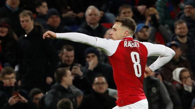 Selebrasi Ramsey usai mencetak gol. (Foto: Grigory Dukor/Reuters)