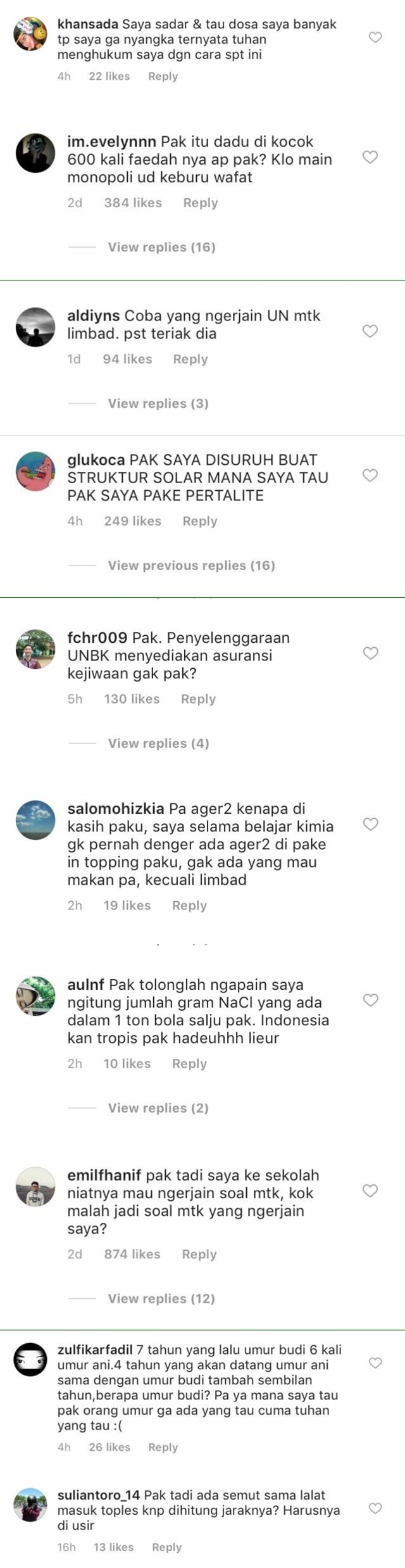Keluhan lucu peserta UNBK 2018 di Instagram. (Foto: Screenshot Instagram Kemdikbud RI)