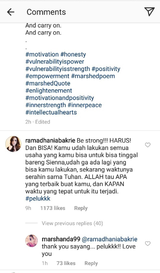 Komentar nia Ramadhani untuk Marshanda (Foto: Instagram @marshanda99)
