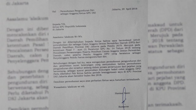 Surat Pengunduran Diri Ketua KPU DKI Sumarno. (Foto: Dok. Sumarno)