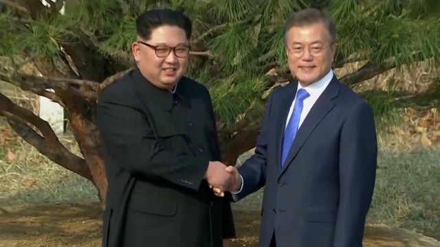 Kim Jong-un dan Moon Jae-in usai menanam pohon (Foto: Reuters Tv)