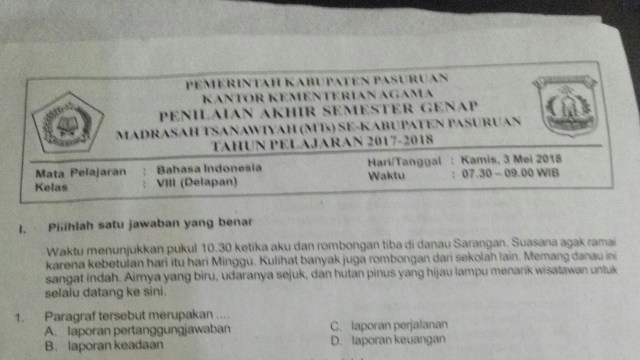 Materi Ujian Bahasa Indonesia MTs di Pasuruan Muat Hal Tak Senonoh (1)
