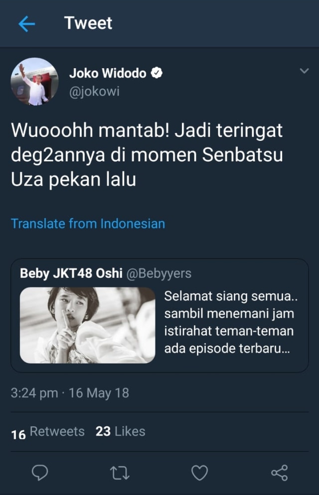 Kicauan Jokowi soal JKT48 di Twitter. (Foto: Screenshot/Twitter)