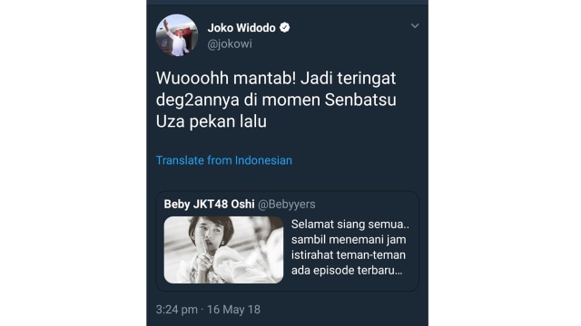 Kicauan Jokowi soal JKT48 di Twitter. (Foto: Screenshot/Twitter)