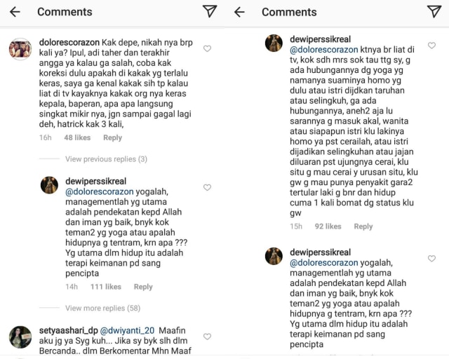Dewi Persik balas komentar netizen. (Foto: Instagram @dewiperssikreal)