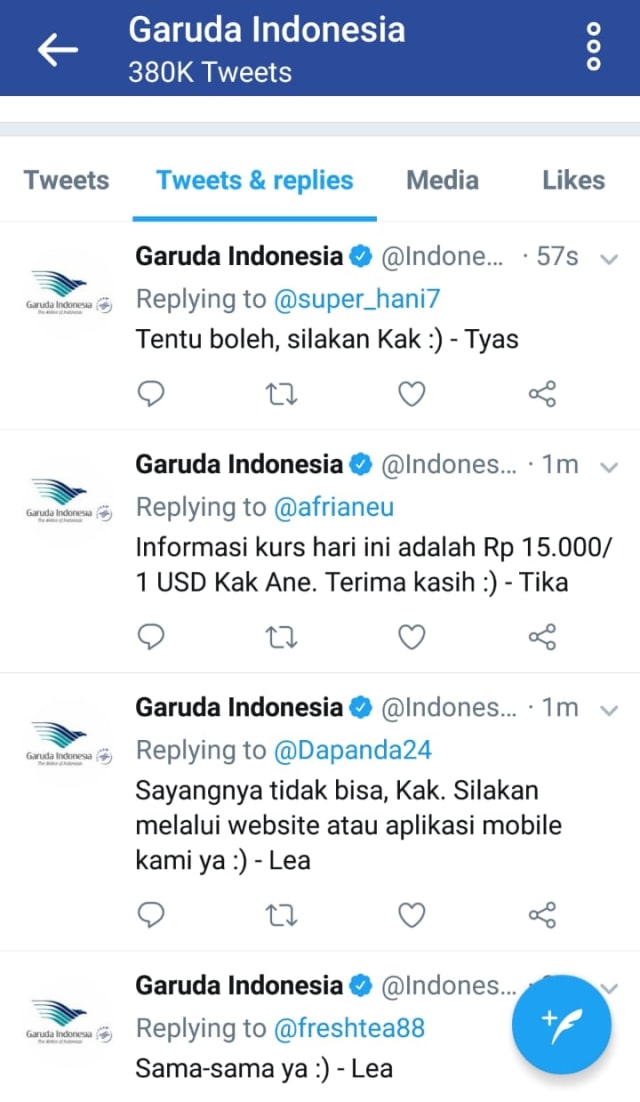 Kicau admin Twitter Garuda soal Dolar AS . (Foto: Dok. Istimewa)