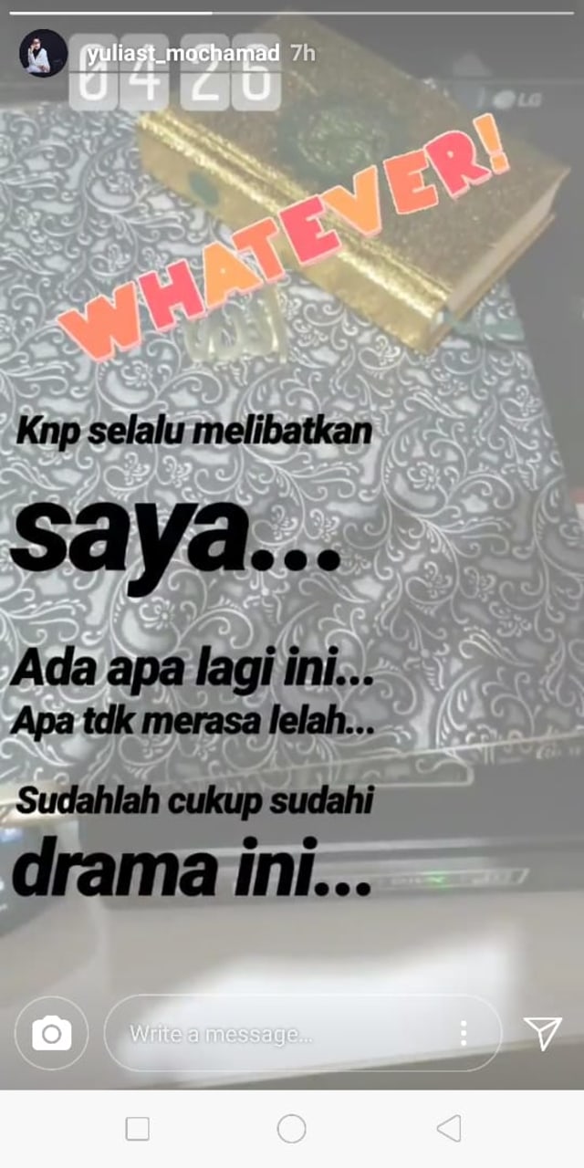 Curhat Yulia Mochamad di Instagram Story. (Foto: Instagram Story @yuliast_mochamad)