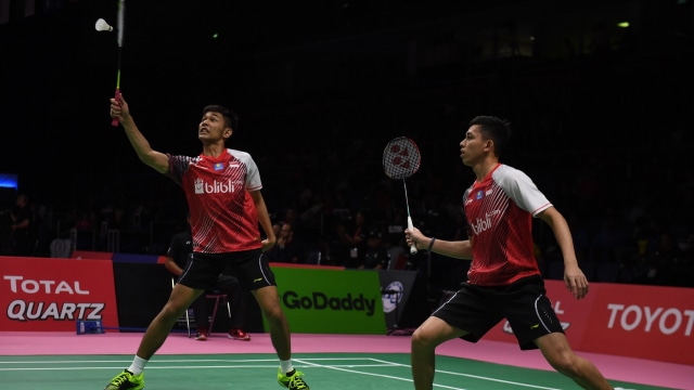 Fajar dan Rian di Piala Thomas 2018. (Foto: Antara/Puspa Perwitasari)