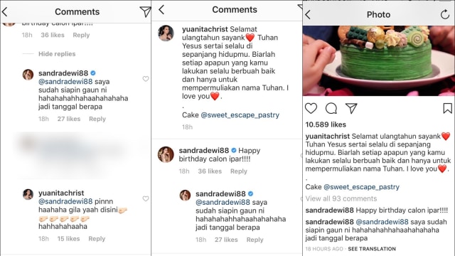 Sandra Dewi mengomentari unggahan Yuanita (Foto: Istimewa)