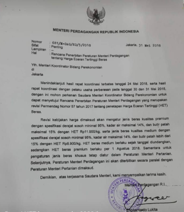 Surat Penurunan HET Beras