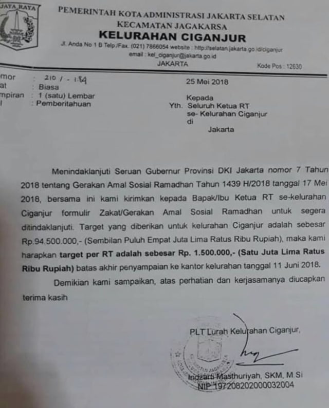 Lurah Ciganjur Soal Surat Edaran Zakat Rp 15 Juta Per Rt