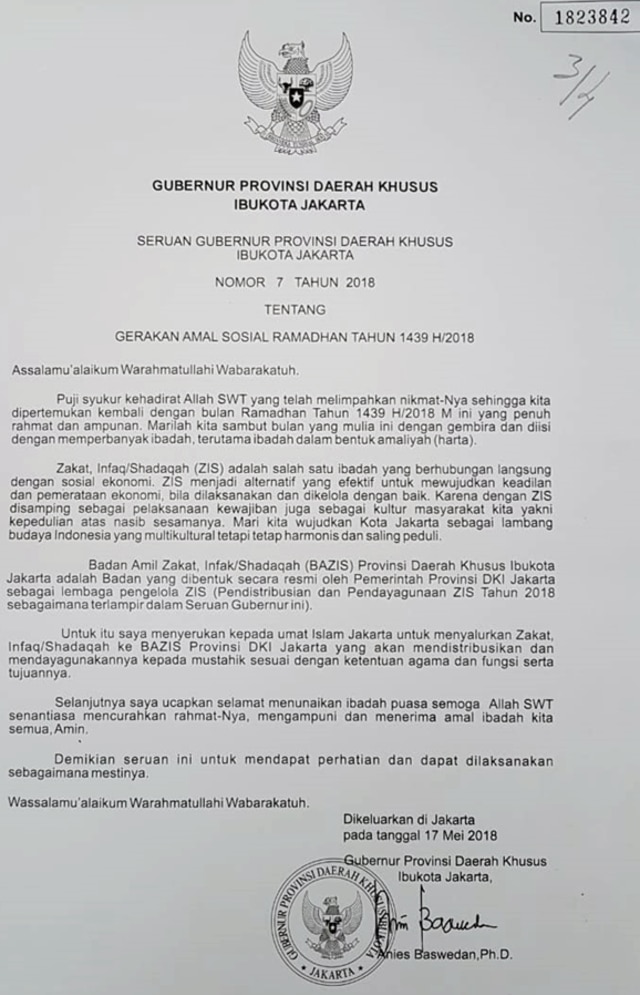 Surat Edaran Gubernur DKI Jakarta. (Foto: dok. Istimewa  )