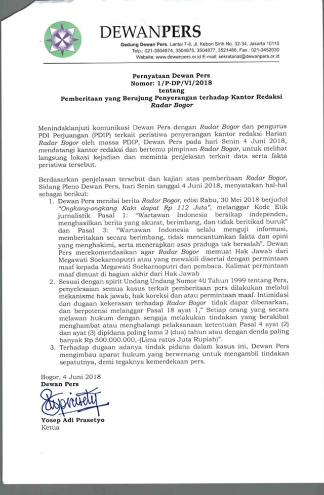 Dewan Pers Vonis Radar Bogor Langgar Etik Sesalkan Aksi Massa