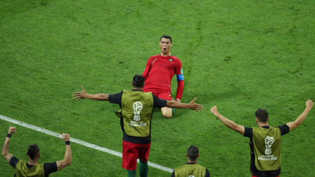 Selebrasi gol Cristiano Ronaldo ke gawang Spanyol. (Foto: Lucy Nicholson)