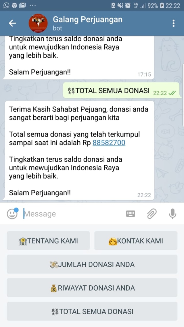 Laporan sumbangan dana Prabowo. (Foto: dok. Telegram)