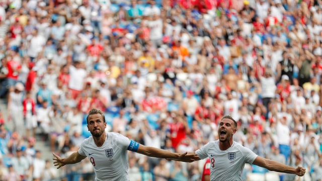 Pemain sepak bola Inggris, Harry Kane cetak gol. (Foto: REUTERS/Carlos Barria)