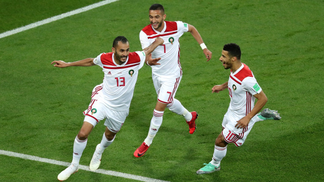 Khalid Boutaib rayakan gol vs Spanyol (Foto: REUTERS/Mariana Bazo)