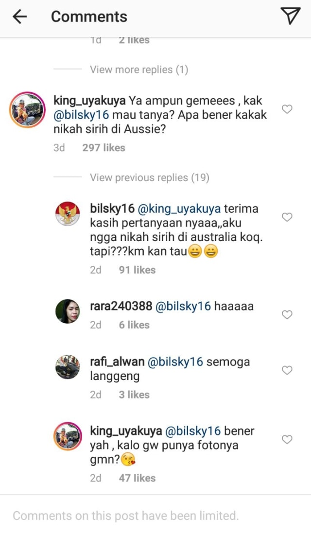Komentar Uya Kuya di IG Billy Syahputra. (Foto: Instagram @bilsky16)