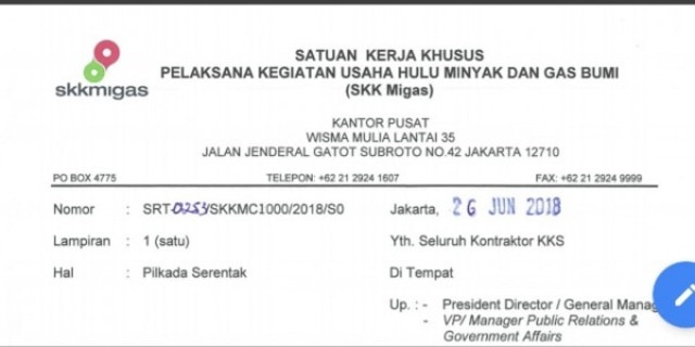 Pilkada Serentak, SKK Migas Surati Semua KKKS