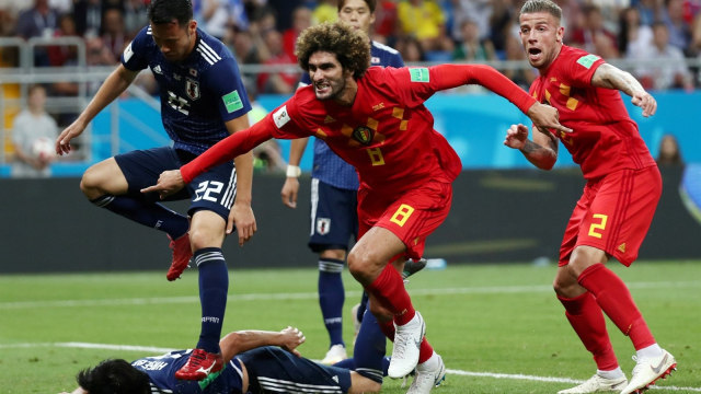 Perayaan gol Marouane Fellaini. (Foto: Reuters/Sergio Perez)