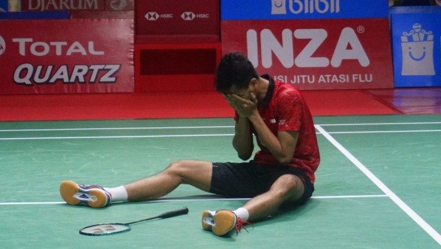 Pebulu tangkis Indonesia Ricky Karandasuwardi pada Turnamen Bulu Tangkis Blibli Indonesian Open 2018