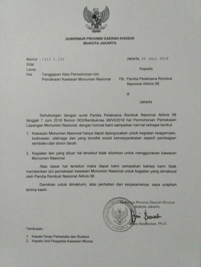 Surat perizinan penggunaan Monas yang dibilang Anies Hoaks. (Foto: Dok. Istimewa)