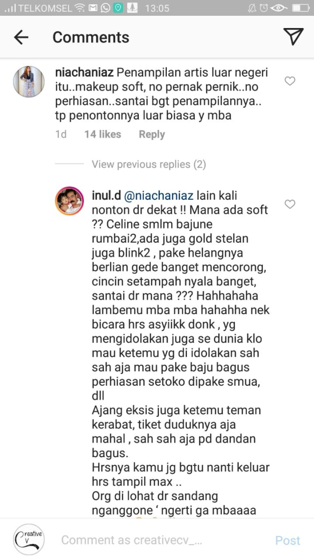 Gaya Inul saat nonton konser Celine Dion dikritik netizen (Foto: Instagram/@inul.d)