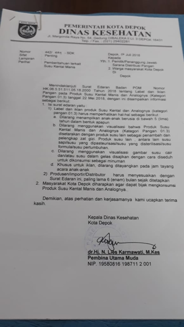 Pemkot Depok keluarkan surat edaran soal susu kental manis (Foto: Dok.Dinkes Kota Depok)