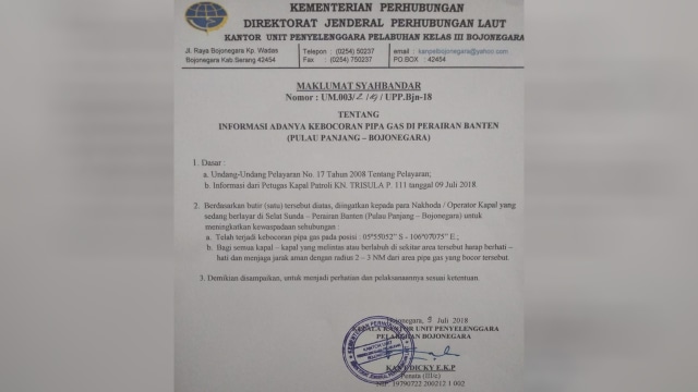 Informasi mengenai adanya kebocoran pipa gas di perairan Banten. (Foto: dok. Istimewa)