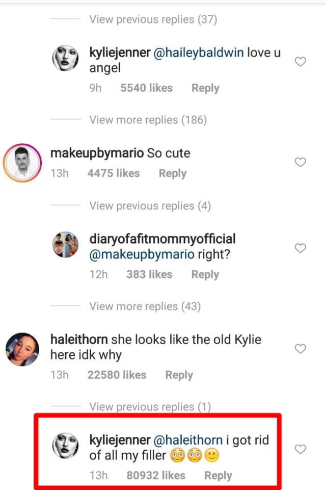 Komen Kylie Jenner yang mengatakan sudah tidak menggunakan filler bibir. (Foto: Instagram/@kyliejenner)