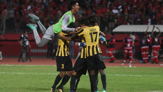 Malaysia rayakan kemenangan atas Timnas U-19. (Foto: ANTARA FOTO/Zabur Karuru)