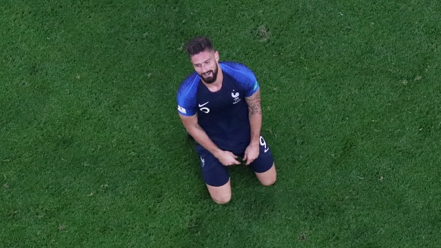 Ekspresi Olivier Giroud saat Prancis melawan Belgia di semifinal Piala Dunia 2018. (Foto: Sergio Perez/Reuters)