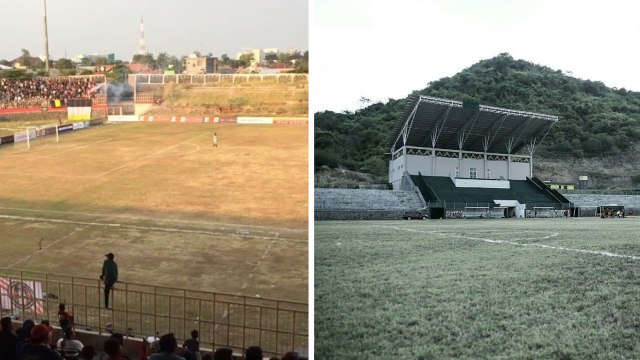 Suasana stadion Hoegeng (kiri) dan Lalu Megaparang. (Foto: Instagram @ achmad.fauzi88, Twitter @BaliUtd)