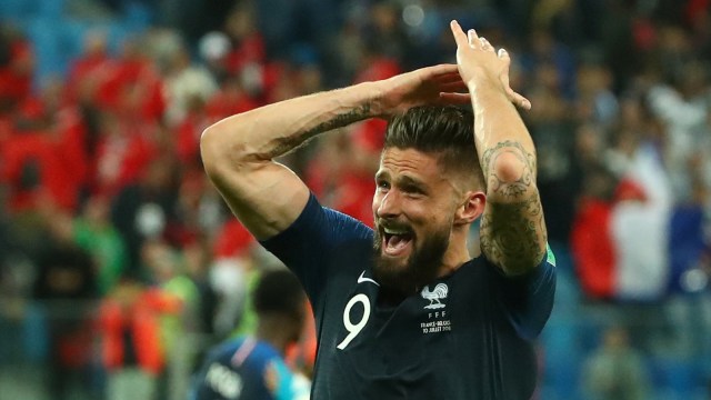 Ekspresi Olivier Giroud usai membantu Prancis menjuarai Piala Dunia 2018. (Foto: Michael Dalder/Reuters)