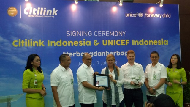 Penandatanganan kerja sama Citilink Indonesia dengan Unicef Indonesia di Gedung Garuda, Jakarta Pusat, Selasa (17/7) (Foto: Ela Nurlaela/kumparan)