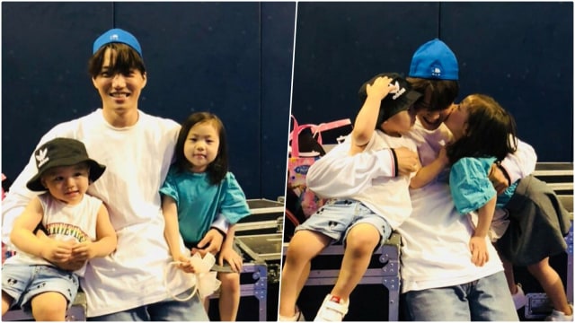 Kai dengan dua keponakannya, Rahee dan Reon. (Foto: Instagram/zkdlin)