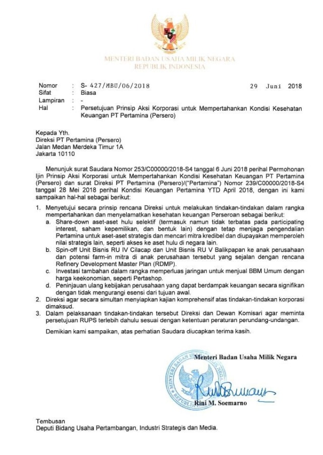 Surat Rini Soemarno ke direksi Pertamina. (Foto: Dok. Istimewa)