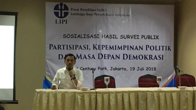 Pusat Penelitian Politik Lembaga Ilmu Pengetahuan Indonesia (Lipi) menyampaikan hasil survei publik yang dilakukan pada 19 April-5 Mei 2018, bahwa 23,1 persen pemilih Prabowo Subianto inginkan Anies Baswedan. (Foto: Fachrul Irwinsyah/kumparan)