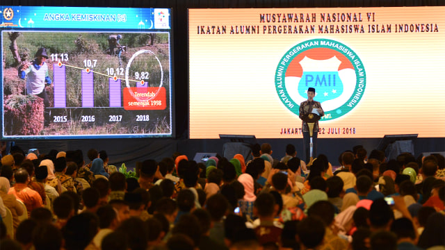 Presiden Joko Widodo memberikan sambutan ketika membuka munas ke-VI Ikatan Alumni Pergerakan Mahasiswa Islam Indonesia (PMII) di Jakarta, Jumat (20/7). (Foto:  ANTARA FOTO/Wahyu Putro A)