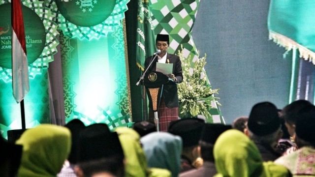 Presiden Joko Widodo memberikan sambutan dalam pembukaan Muktamar ke-33 NU.  (Foto: Kemenag.go.id)