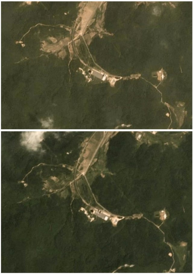 Kombinasi dari dua gambar satelit menunjukkan aktivitas di situs peluncuran roket Sohae, Korea Utara (Foto:  Planet Labs Inc/Handout via REUTERS )